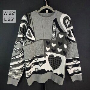 YWFG Sweater Mens L Black Rock Motorcycle Club BRMC Heart Patchwork Knit Streetw